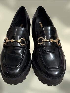 Express Black Patent Loafers with Gold Bit Hardware